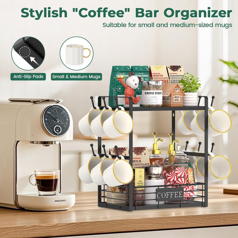 EsLuker.ly Coffee Mug Cup Holder Tree Bar Station Organizer, 2 Tier Mug Stand Rack for Countertop Kitchen, Storage Tower Display Shelf with 12 Hooks, Coffee Nook Enhancer, Black - Image 5